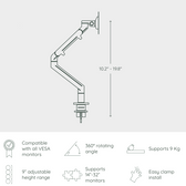 Monitor arm dimensions diagram showing adjustable height, VESA compatibility, and easy clamp install.