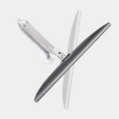 Adjustable silver Pelicanwork monitor arm holding a slim monitor, top view on white background
