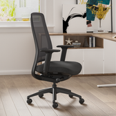 Modern black ergonomic office chair with mesh backrest and adjustable armrests in a home office
