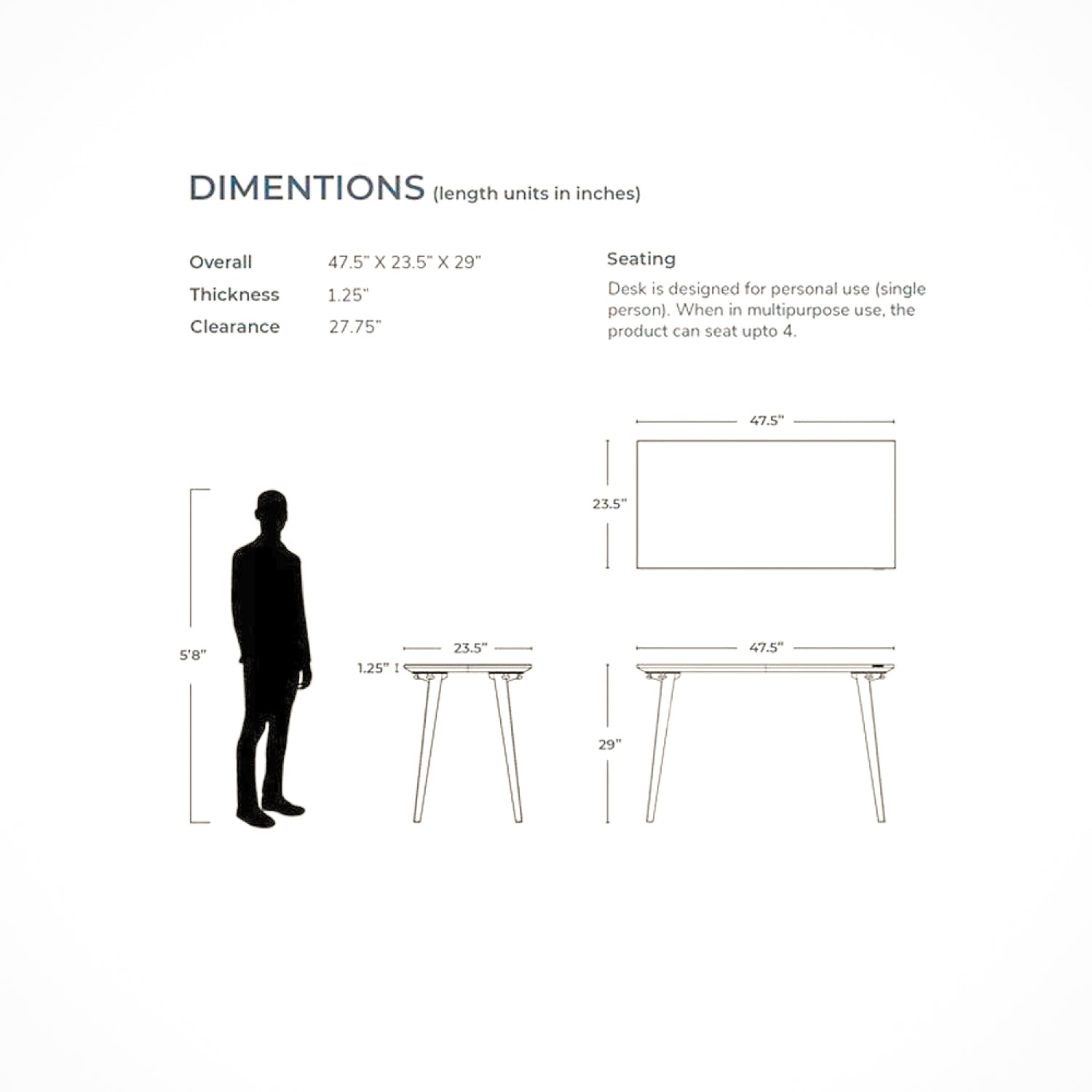 Model 205 Desk (4x2 feet) - Solid Teak Wood/Black Legs