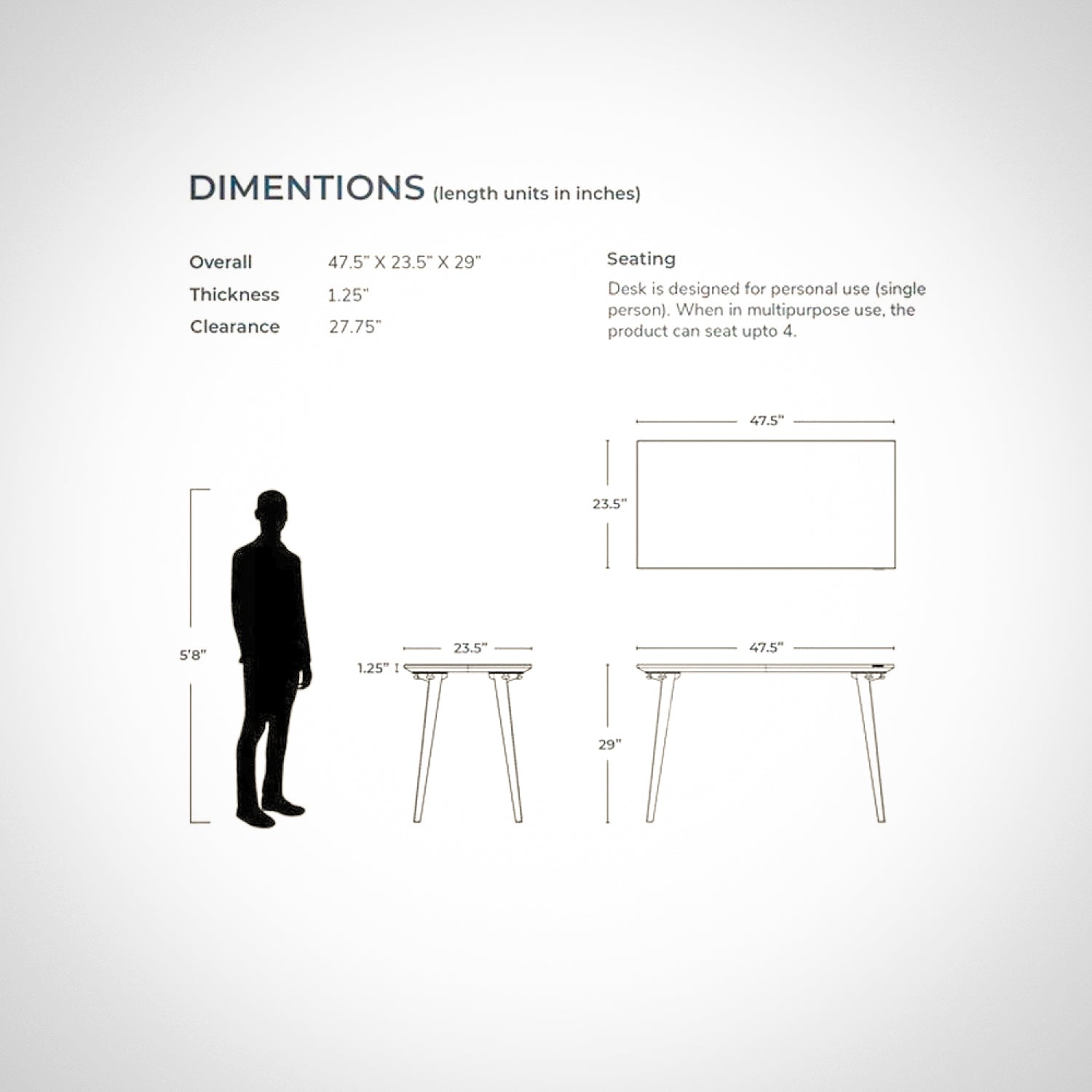 Model 205 Desk (4x2 feet) - Solid Teak Wood/White Legs