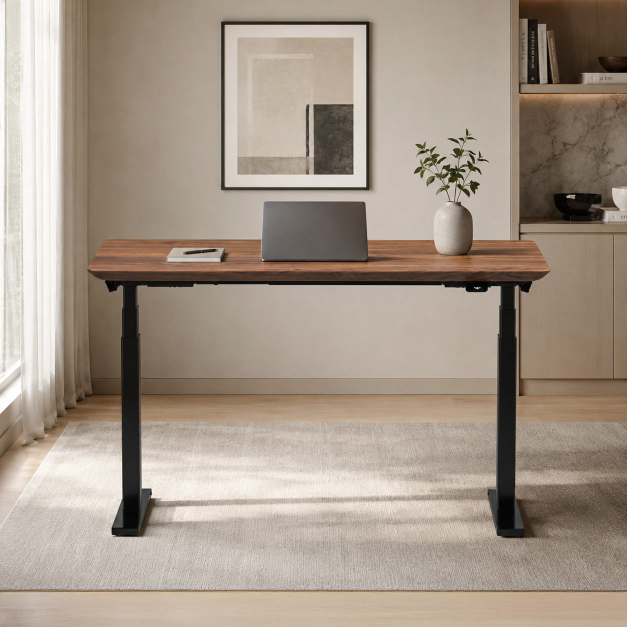 Model 304 Pro Electric Standing Desk | Walnut Wood | 55 x 28 in | Black Legs