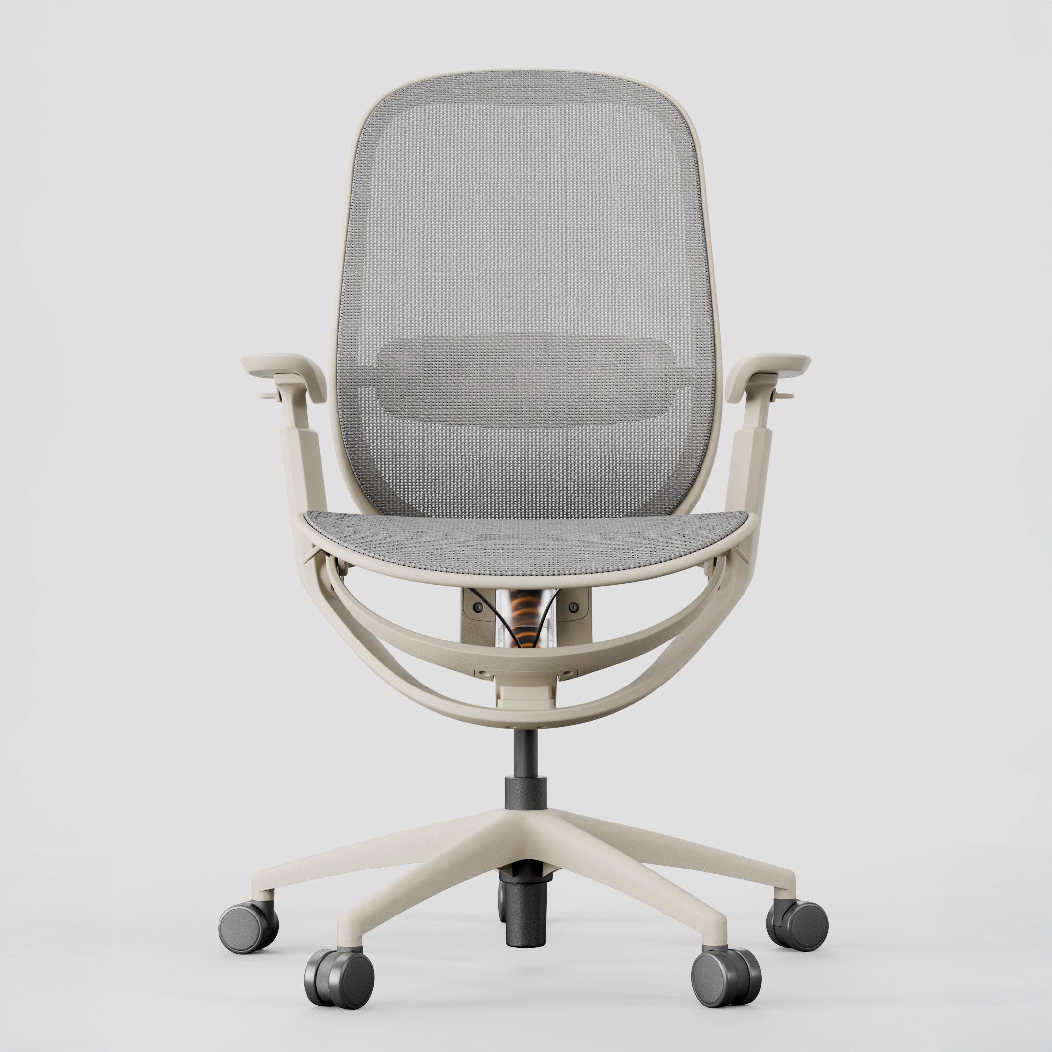 Grey ergonomic office chair with mesh backrest and adjustable armrests